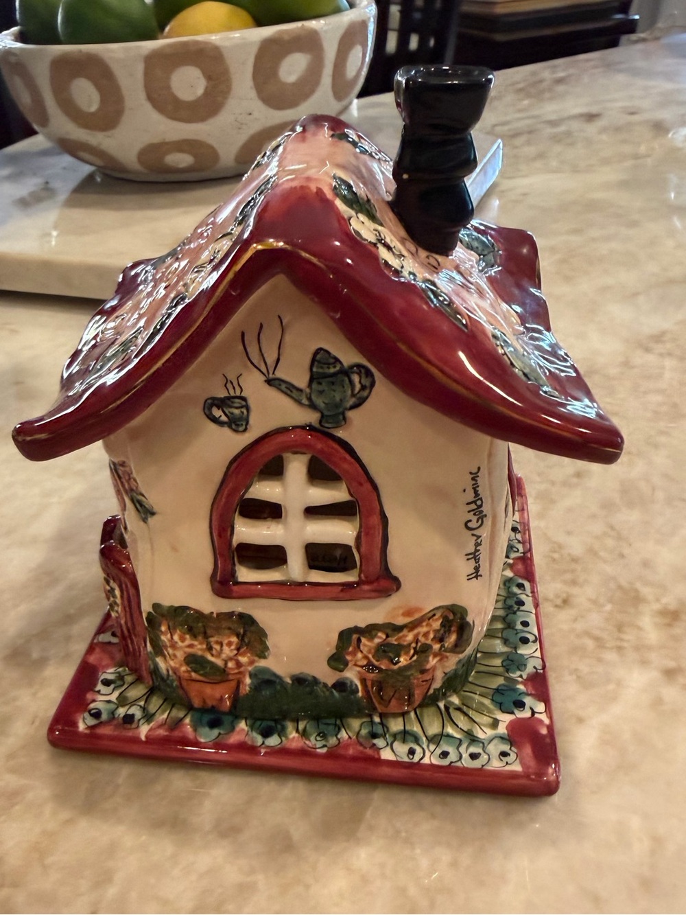 Vintage Blue Sky Clayworks “Tea for Two Cafe” ceramic tea light holder with base